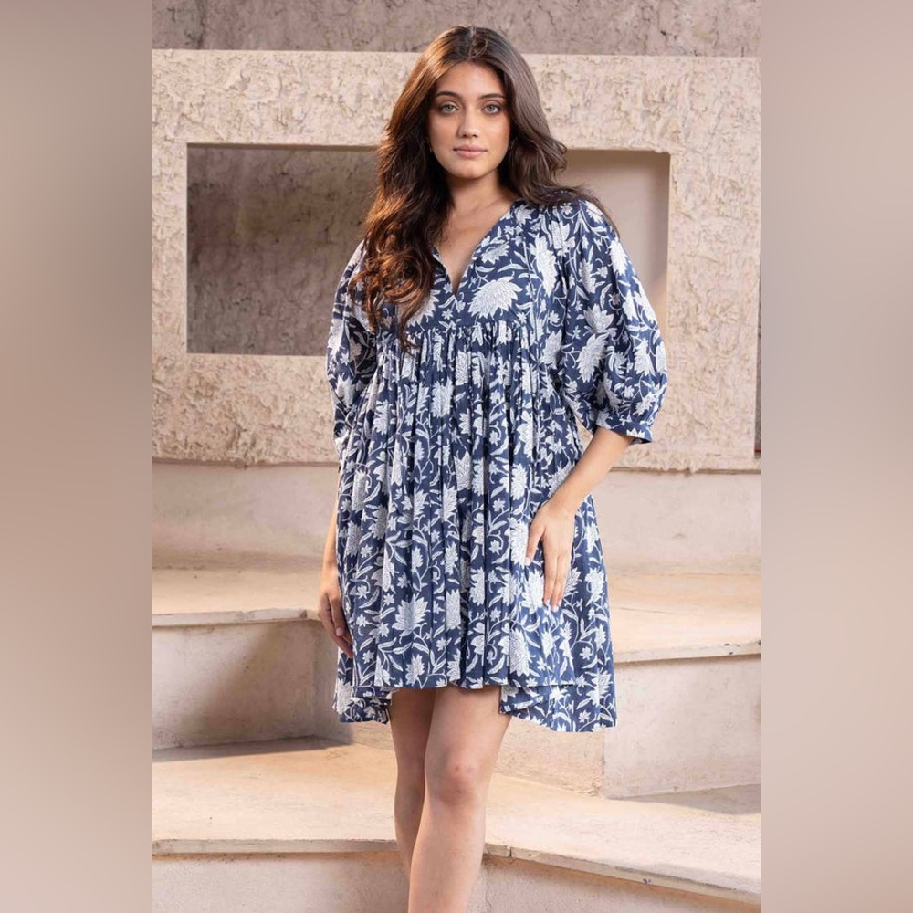 Blue and Off White Puff Sleeve V-Neck Mini Sundress